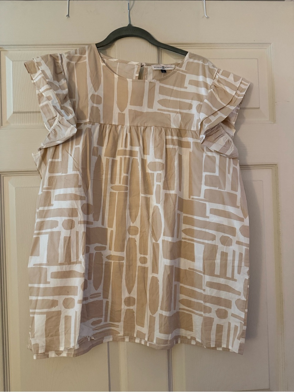 Michelle McDowell Tan Cream Abstract Ruffle Sleeve Top XL Boutique